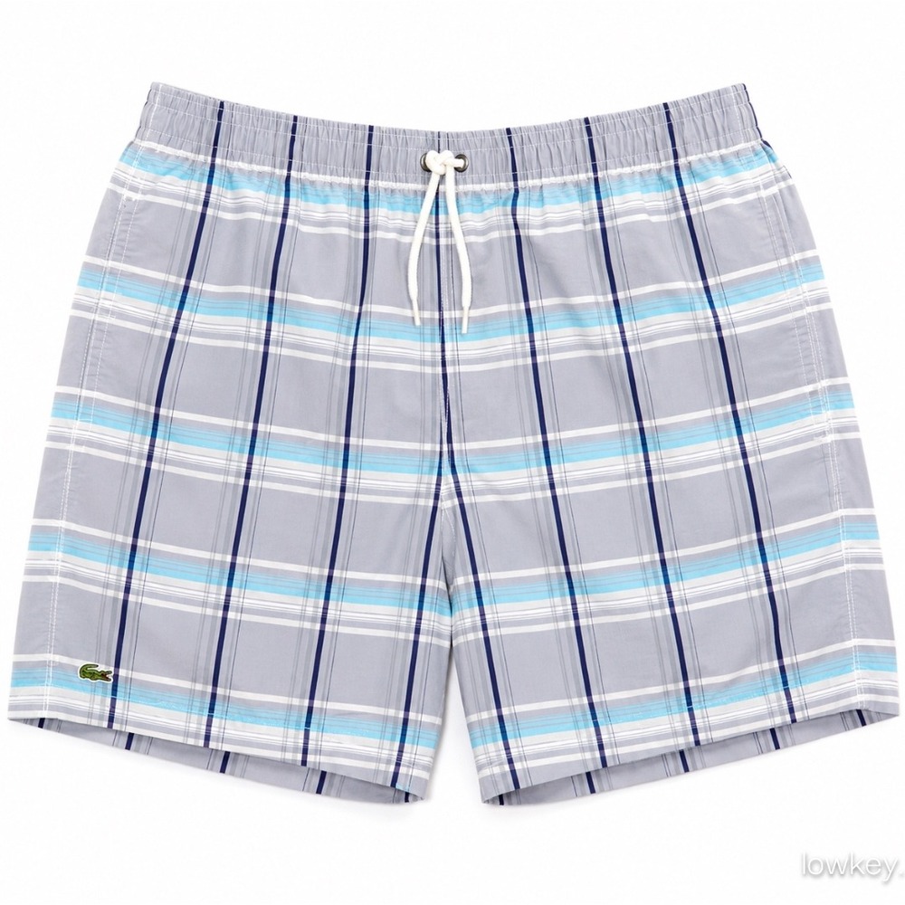 Lacoste Mens Plaid Swim Trunks Blue Grey White Board Shorts XL Embroidered Logo